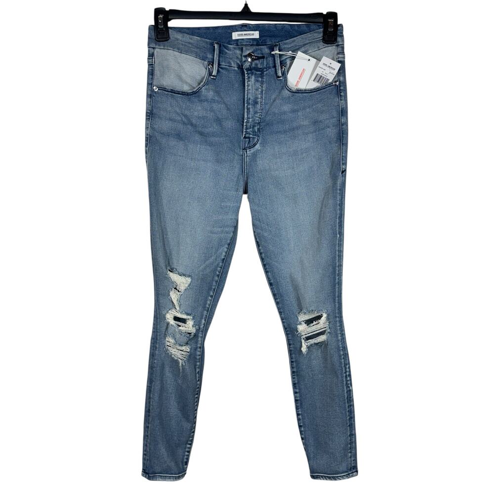 Good American SZ 10/30 Good Waist Crop Jeans Hi-Rise Distressed Stretch Zip-Fly